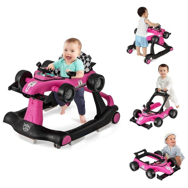 Babyjoy 4-in-1 Baby Walker Foldable Baby Activity Walker w/Adjustable Height & Speed Kids Push Walker Pink