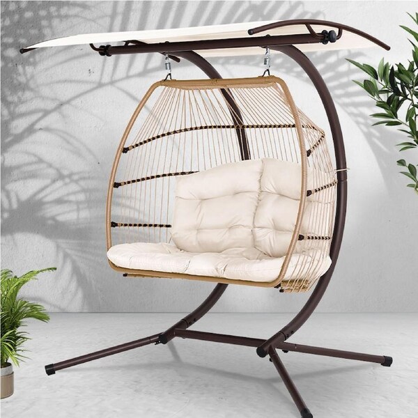 Gardeon Outdoor Furniture Hanging Swing Chair 2-seater Egg Hammock Rattan Wicker Cream