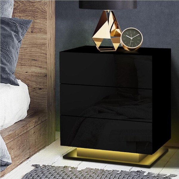 1x Artiss Bedside Table 3 Drawer LED MORI Black