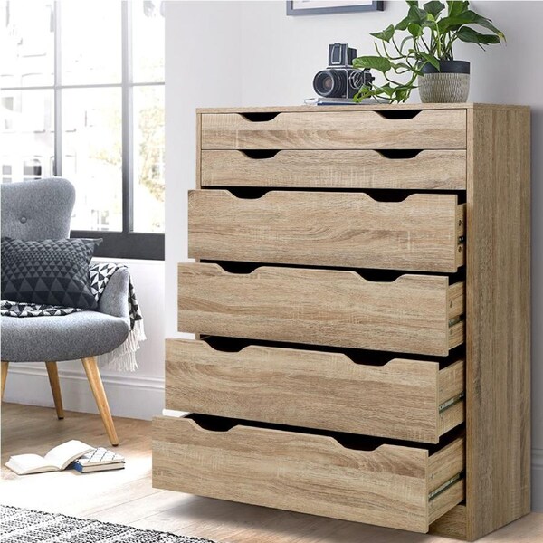 1 Artiss 6 Chest of Drawers Tallboy Dresser Storage Cabinet Oak