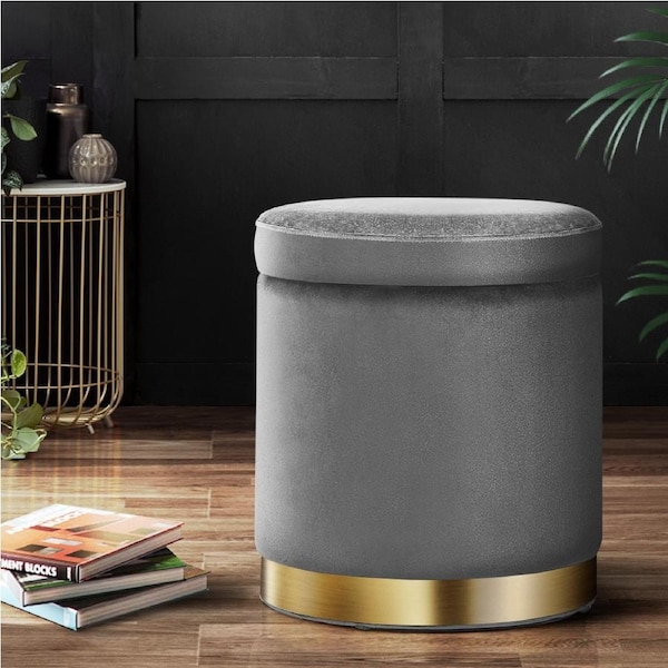 Artiss Foot Stool Storage Ottoman Footstool Round Velvet Large Foot Rest Makeup Stools Pouffe Padded Seat Charcoal Grey