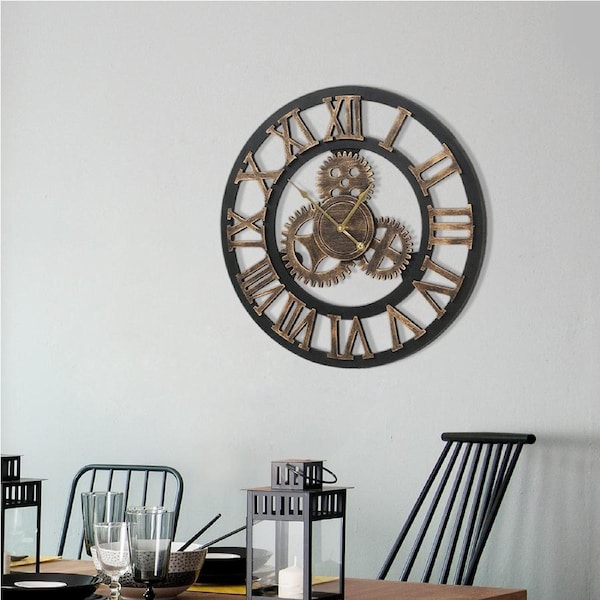 Artiss 60/80CM Gear Wall Clock Large Vintage Retro Wall Clocks Silent Luxury Art Wood Round Industrial Clocks Home Decor 60CM
