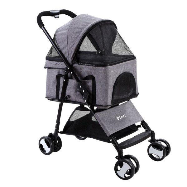 i.Pet Pet Stroller Dog Pram Large Cat Carrier Travel Pushchair Foldable 4 Wheels Model 2-Grey