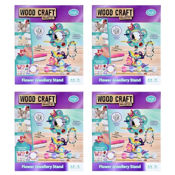 4PK Boyle Wood Craft Project Kit Flower Jewellery Stand Kids DIY Activity 9y+