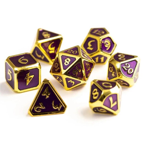 Steve Jackson Games Die Hard Dice Metal Polyhedral Mythica Gold Amethyst Purple 7 Set