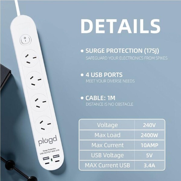 Plugd 2 USB A + 2 USB C 240V 10A Powerboard with Surge Protection