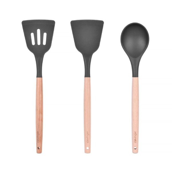 Beechwood & Silicone Kitchen Cooking Utensils Set - Turner/Spoon/Slotted Turner - Charcoal