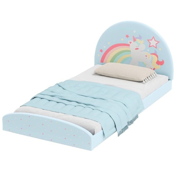 Giantex Single Bed Frame Upholstered Single Size Kids Bed w/Padded Boards Montessori Floor Bed Blue