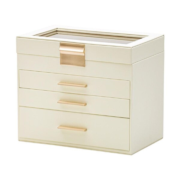 4 Layer Jewelry Box PU Leather Jewellery Organizer Multi-functional Storage Case with Clear Glass Lid and 3 Drawers for Necklaces Rings Earrings Watches