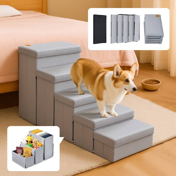 ACA 5 Steps Dog Stair Non-slip Foldable Dog Ramp for Bed Sofa w/Storage No Assembly Light Grey