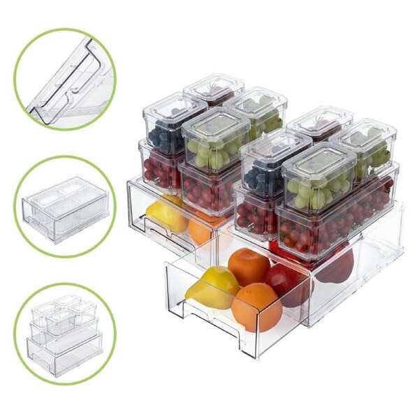 ACA 14 Pack Stackable Fridge Storage Containers Organizer Bins with Lids and Refrigerator Drawers, BPA-Free Transparent
