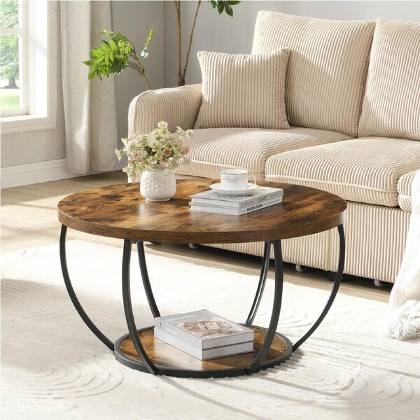 HOMFURN 80cm Wooden Two-Tier Round Coffee Table with Storage Shelves, Modern Accent Center Cocktail Table for Living Room, Rustic Brown