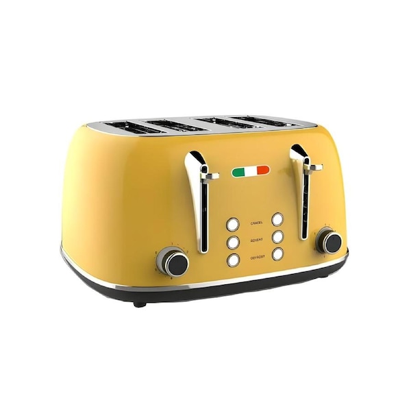 Vintage 4 Slice Toaster - Yellow Stainless Steel, 1650W - Extra Wide Slots, 6 Browning Levels, Defrost & Reheat, High-Lift Lever