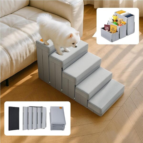 5-Step Dog Stairs Non-slip Foldable Dog Ramp for High Beds Sofas Storage Boxes