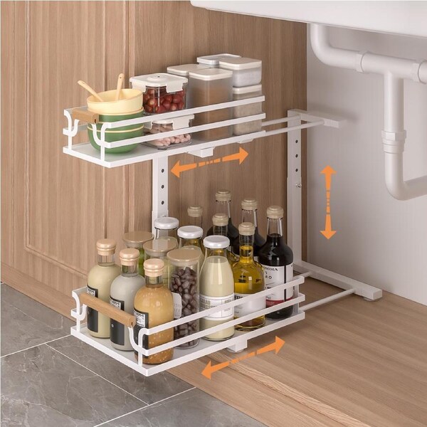 White 2-Tier Kitchen Under Sink Organiser Storage with Height Adjustable, Unique Slide Rail & Suction Cups for Storage