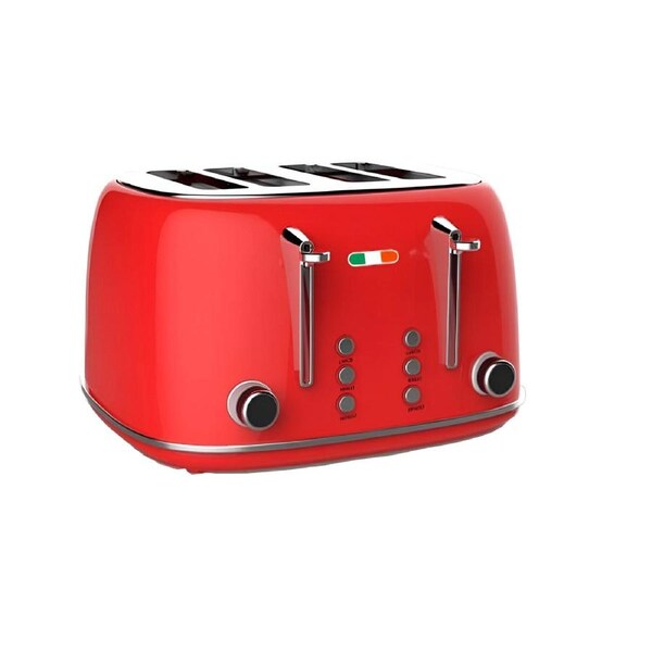 Vintage 4 Slice Toaster - Red Stainless Steel, 1650W - Extra Wide Slots, 6 Browning Levels, Defrost & Reheat, High-Lift Lever