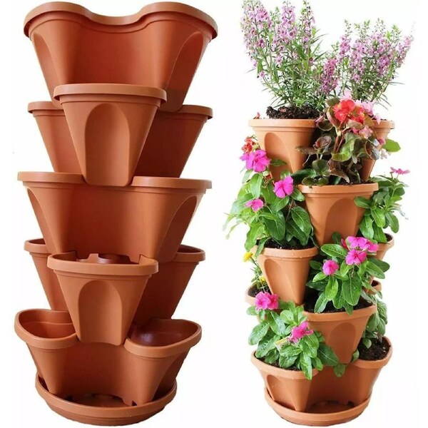 Stackable 5 Tier Vertical Garden Stacking Planters with Tray Flow Grid System
