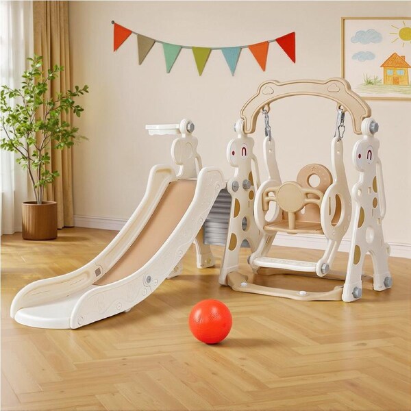 160cm Keezi Kids Slide Swing Set Basketball Hoop Outdoor Playground Toys Beige