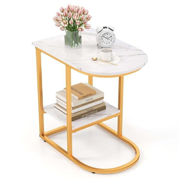 Costway C-shaped End Table Modern Sofa Side Table w/Faux Marble Tabletop & Storage Shelf
