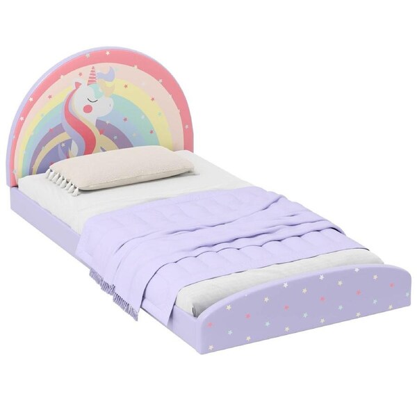 Costway Single Floor Bed Frame Single Size Floor Bed w/Unicorn Pattern Bedhead Purple