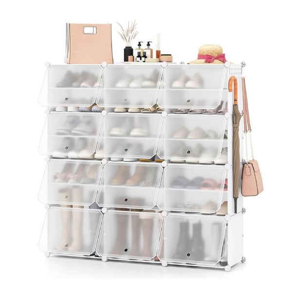 Costway 12-Cube Shoe Storage Cabinet 48 Pairs Shoe Shelves w/5 Hanging Hooks & 12 Doors DIY Rack White