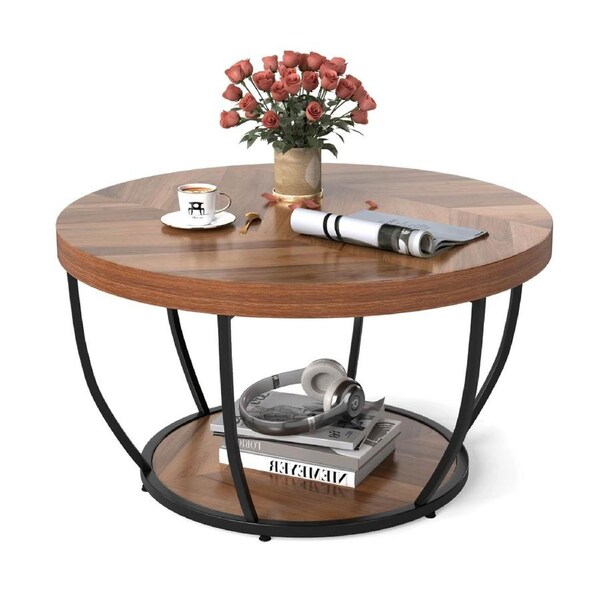 Costway 2-Tier Round Coffee Table Heavy-duty Metal Frame Tea Cocktail Table Side End Table