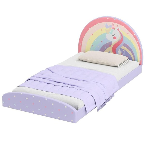 Giantex Single Bed Frame Upholstered Single Size Kids Bed w/Padded Boards Montessori Floor Bed Purple