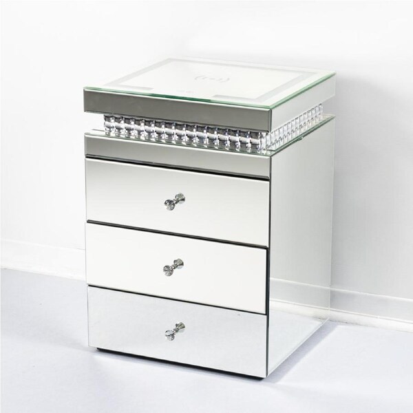 Glam Mirrored 3 Drawer Bedside Table with Wireless Charging, LED Lighting, and Bluetooth Speakers