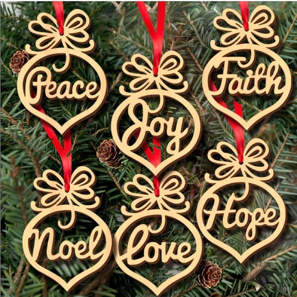 Religious Wooden Christmas Tree Hanging Ornaments 6pk