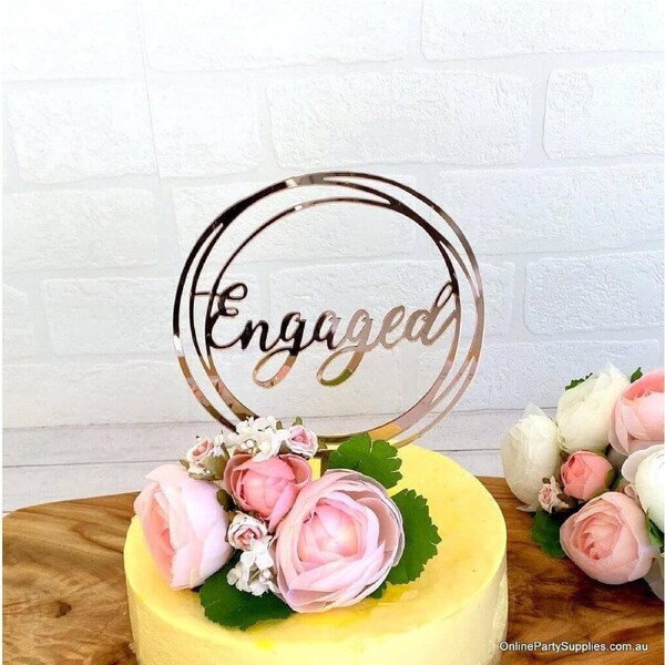 Rose Gold Acrylic 'Engaged' Geometric Cake Topper