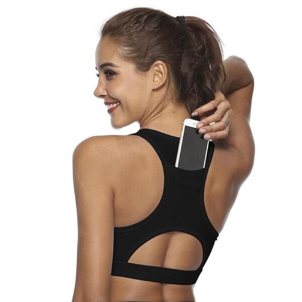 Nevenka Sports Bra with Back Pocket Medium Support Breathable Underwear-Black L