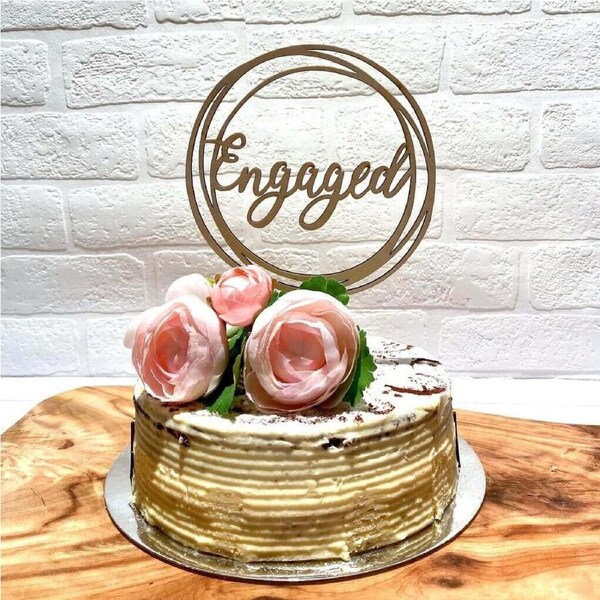 Wooden 'Engaged' Geometric Cake Topper
