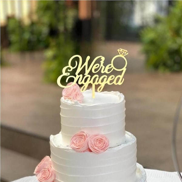 Gold Acrylic 'We're Engaged' Diamond Ring Cake Topper