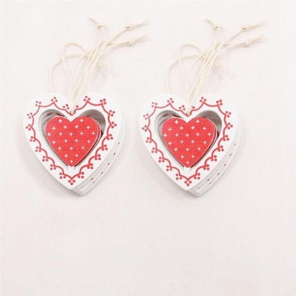 Red Wooden Heart Christmas Hanging Pendants 10pk