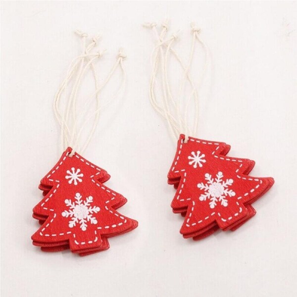 Red Wooden Christmas Tree Pendants 10pk