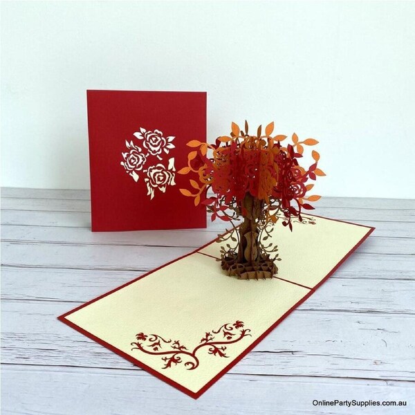 Red & Orange Rose Tree Pop Valentine's Day Card - Red Cover