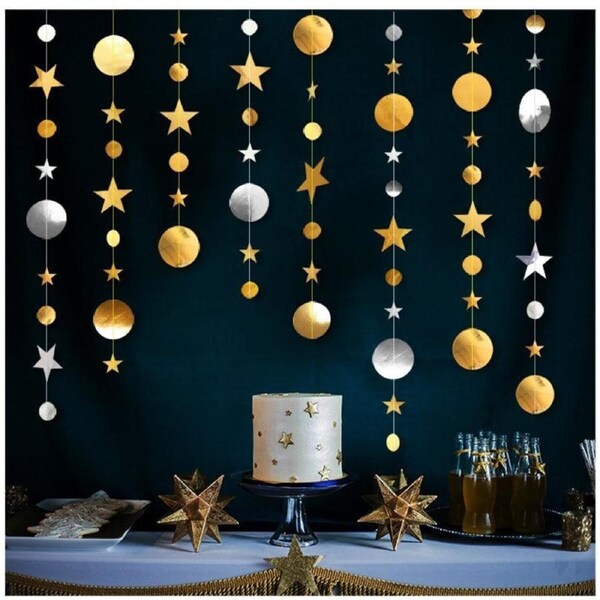 4m Metallic Silver & Gold Circle Star Paper Garland