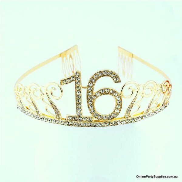 Sparkling Rhinestone Age 16 Birthday Metal Tiara - Gold
