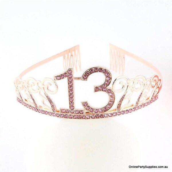 Metal Rhinestone Age 13 Birthday Tiara - Rose Gold