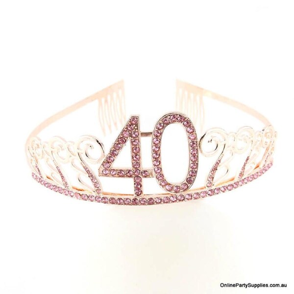Metal Rhinestone Age 40 Birthday Tiara - Rose Gold