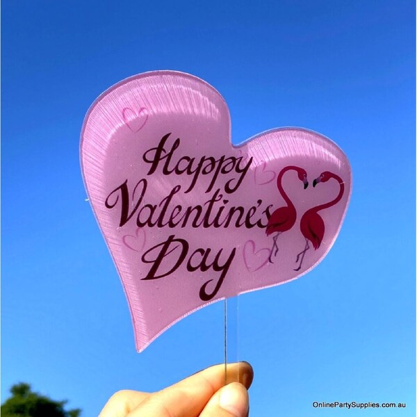 Valentine's Day Flamingo Couple Pink Heart Cake Topper