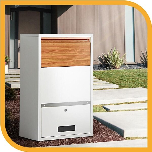 Groverdi Parcel Box Letter Box Package Drop Slot MailBox Security Lock Storage Model 2 - White w/ Wood Grain