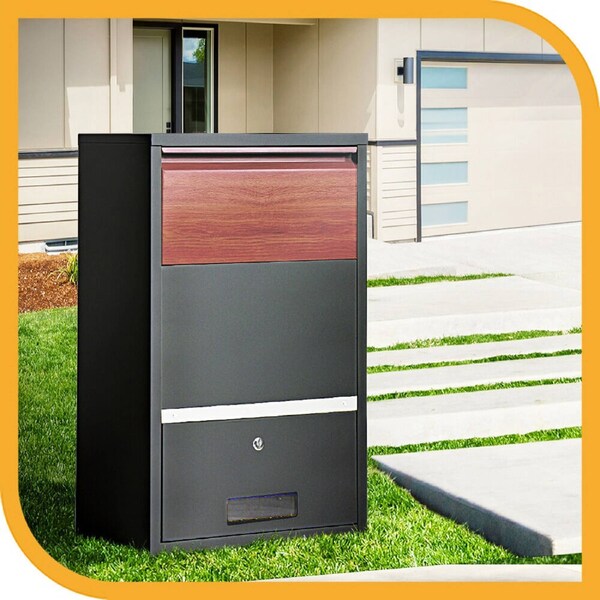 Groverdi Parcel Box Letter Box Package Drop Slot MailBox Security Lock Storage Model 2 - Black w/ Wood Grain