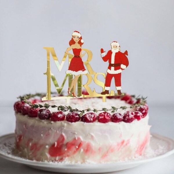 Acrylic Gold Mirror 'Mr and Mrs' Christmas Cake Topper