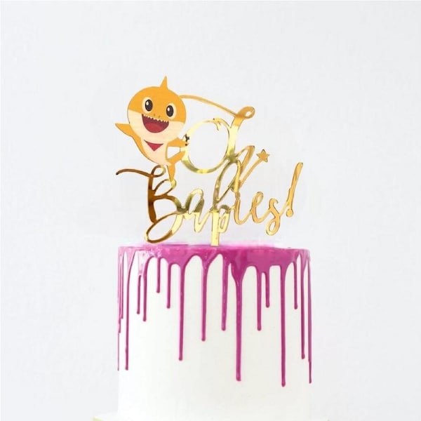 Gold Mirror Acrylic Oh Babies Baby Shark Cake Topper