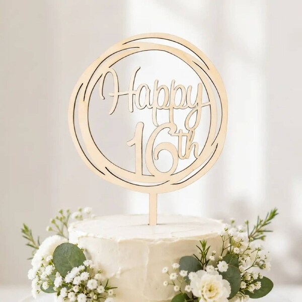 Wooden Geometric Happy 16th Cake Topper