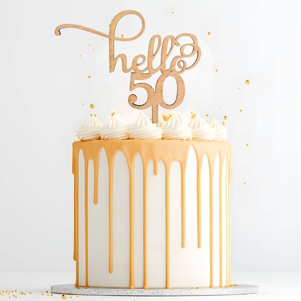 Wooden 'Hello 50' Birthday Cake Topper