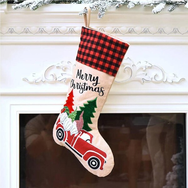 Large Burlap Christmas Stocking - Santa Gnomes on Ute