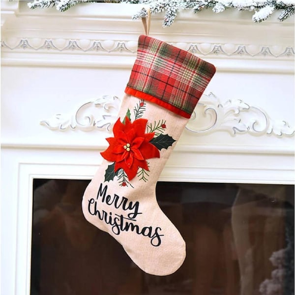Large Burlap Christmas Stocking - Red Poinsettia Flower