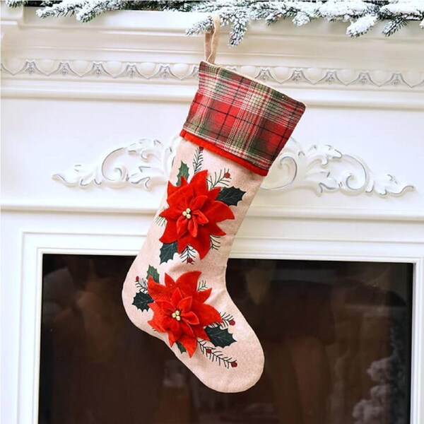 Large Burlap Christmas Stocking - Red Poinsettia Flowers